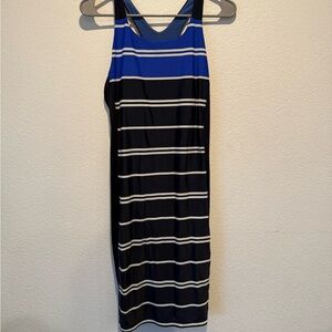 🍄 Athleta Blue and Black Striped Midi Dress